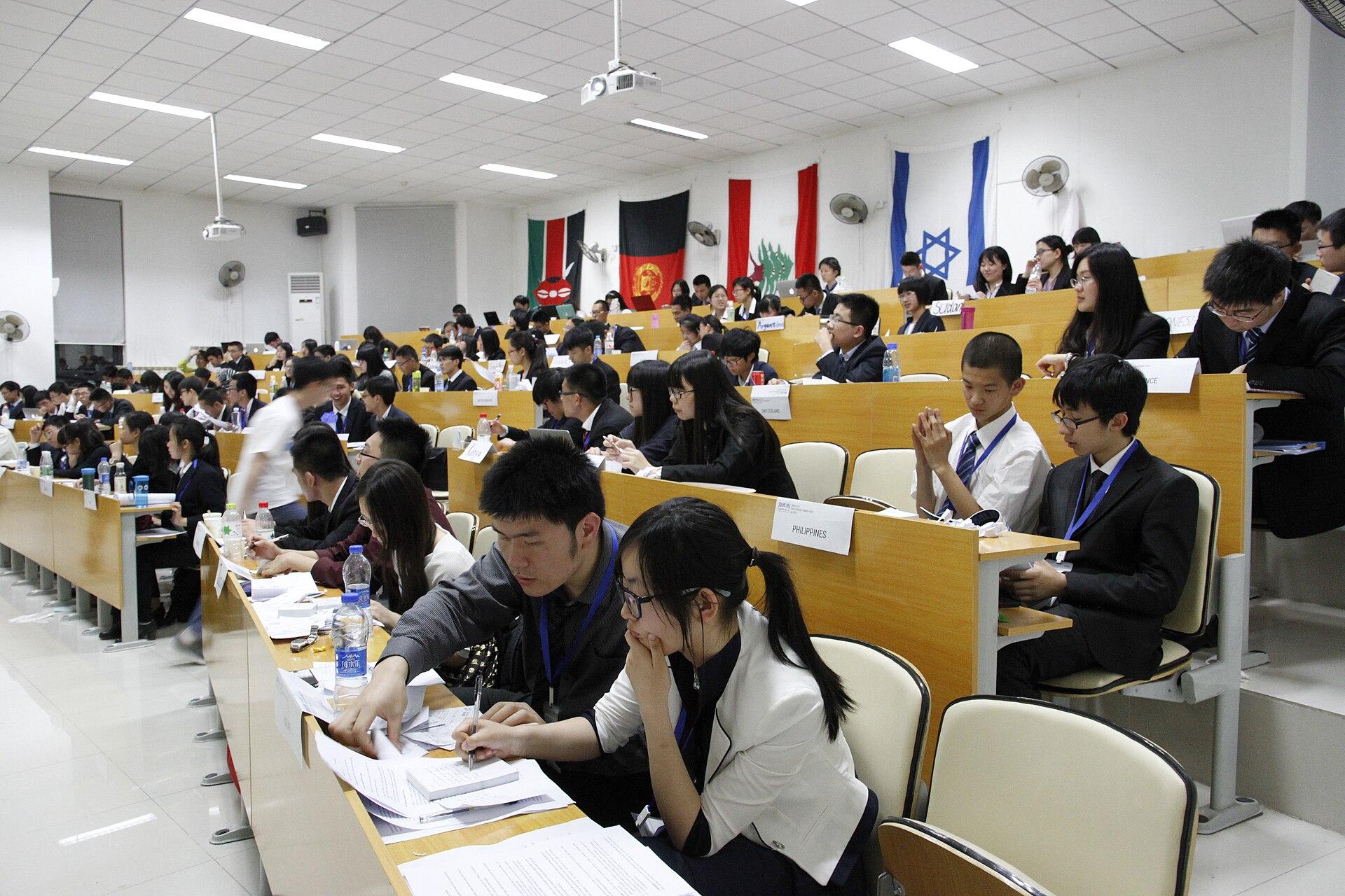Delegates in business attire seated at long desks with country placards and flags at a Model UN committee session